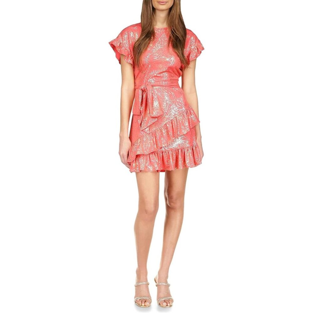 Michael Kors Women's Sangria Foil Ruffle Wrap Party Dress